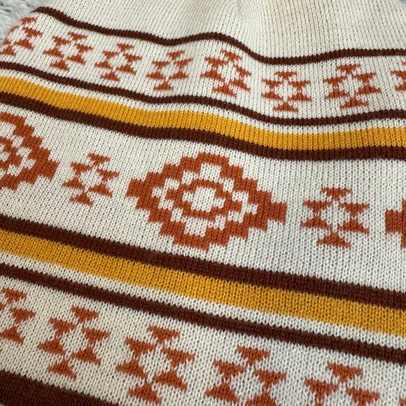 Frye and Co Pom Beanie Nordic Fair Isle Brown Orange Cream Winter Hat - Picture 3 of 7